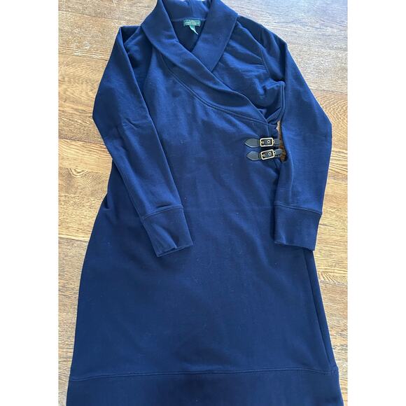 LRL Lauren Jean Co Faux Wrap Dress Navy Blue Heavy 100% Cotton Sz L Shawl Collar - Picture 1 of 10